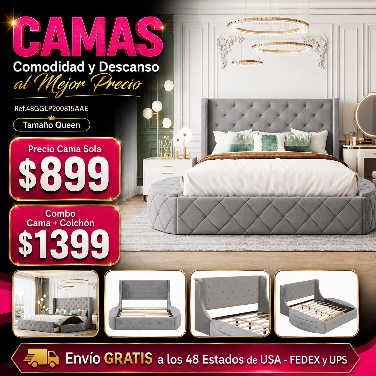 CAMA GRIS 004 QUEEN SIZE SOLAMENTE - Upholstered Platform Bed Queen Size Storage Velvet Bed with Wingback Headboard and 1 Big Drawer,2 Side Storage Stool
