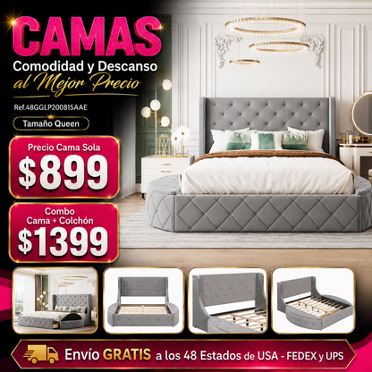 CAMA GRIS 004 QUEEN SIZE SOLAMENTE - Upholstered Platform Bed Queen Size Storage Velvet Bed with Wingback Headboard and 1 Big Drawer,2 Side Storage Stool