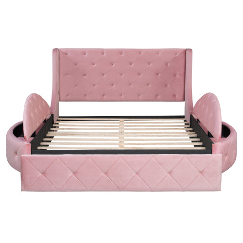 CAMA ROSA 003 QUEEN SIZE SOLAMENTE - Upholstered Platform Bed Queen Size Storage Velvet Bed with Wingback Headboard and 1 Big Drawer,2 Side Storage Stool(Pink)