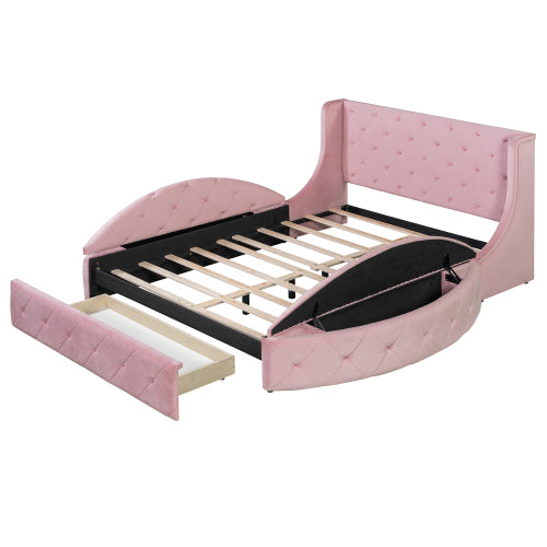 CAMA ROSA 003 QUEEN SIZE SOLAMENTE - Upholstered Platform Bed Queen Size Storage Velvet Bed with Wingback Headboard and 1 Big Drawer,2 Side Storage Stool(Pink)