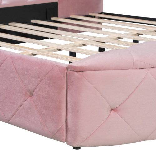 CAMA ROSA 003 QUEEN SIZE SOLAMENTE - Upholstered Platform Bed Queen Size Storage Velvet Bed with Wingback Headboard and 1 Big Drawer,2 Side Storage Stool(Pink)