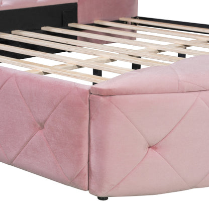 CAMA ROSA 003 QUEEN SIZE SOLAMENTE - Upholstered Platform Bed Queen Size Storage Velvet Bed with Wingback Headboard and 1 Big Drawer,2 Side Storage Stool(Pink)
