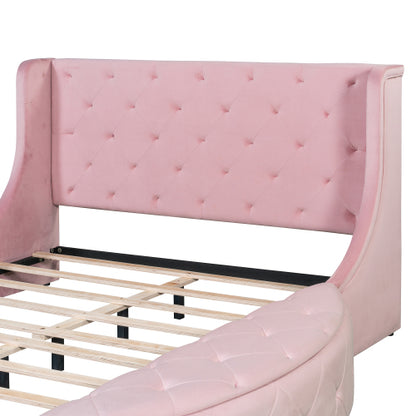 CAMA ROSA 003 QUEEN SIZE SOLAMENTE - Upholstered Platform Bed Queen Size Storage Velvet Bed with Wingback Headboard and 1 Big Drawer,2 Side Storage Stool(Pink)