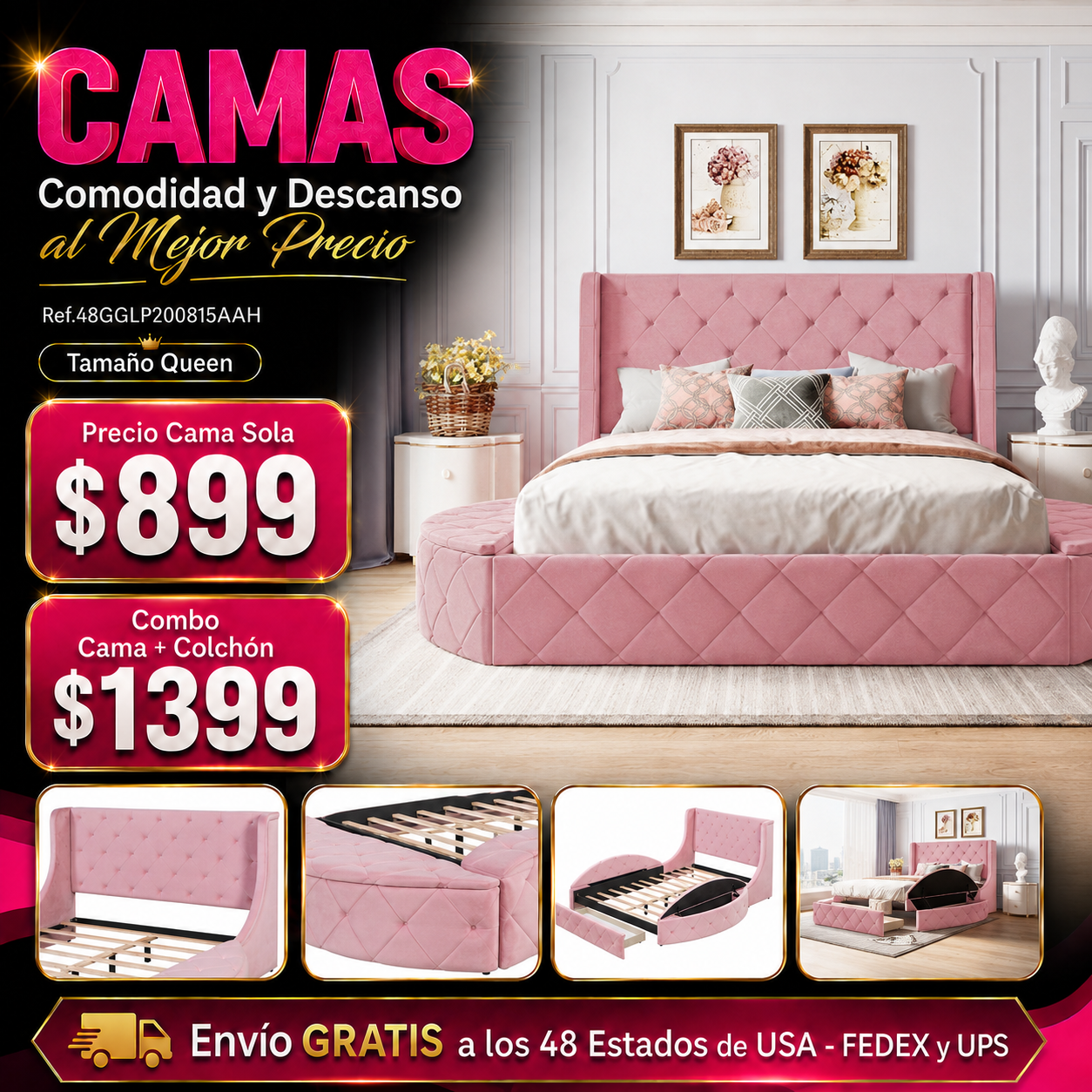 CAMA ROSA 003 QUEEN SIZE SOLAMENTE - Upholstered Platform Bed Queen Size Storage Velvet Bed with Wingback Headboard and 1 Big Drawer,2 Side Storage Stool(Pink)
