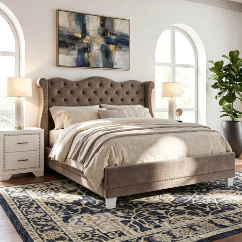 CAMA BROWN 008 KING SIZE SOLAMENTE - King Size Upholstered Bed Frame With Velvet Fabric &Thick Tufted Wingback Headboard