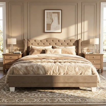 CAMA BROWN 008 KING SIZE SOLAMENTE - King Size Upholstered Bed Frame With Velvet Fabric &Thick Tufted Wingback Headboard