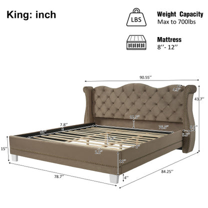 CAMA BROWN 008 KING SIZE SOLAMENTE - King Size Upholstered Bed Frame With Velvet Fabric &Thick Tufted Wingback Headboard