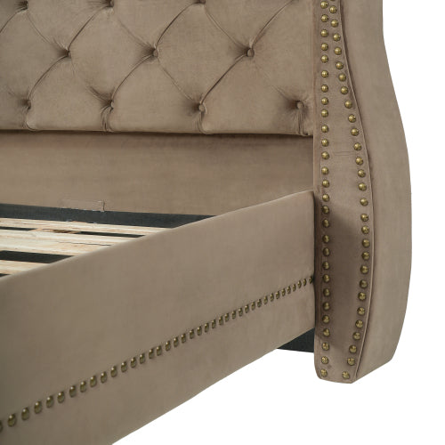 CAMA BROWN 008 KING SIZE SOLAMENTE - King Size Upholstered Bed Frame With Velvet Fabric &Thick Tufted Wingback Headboard
