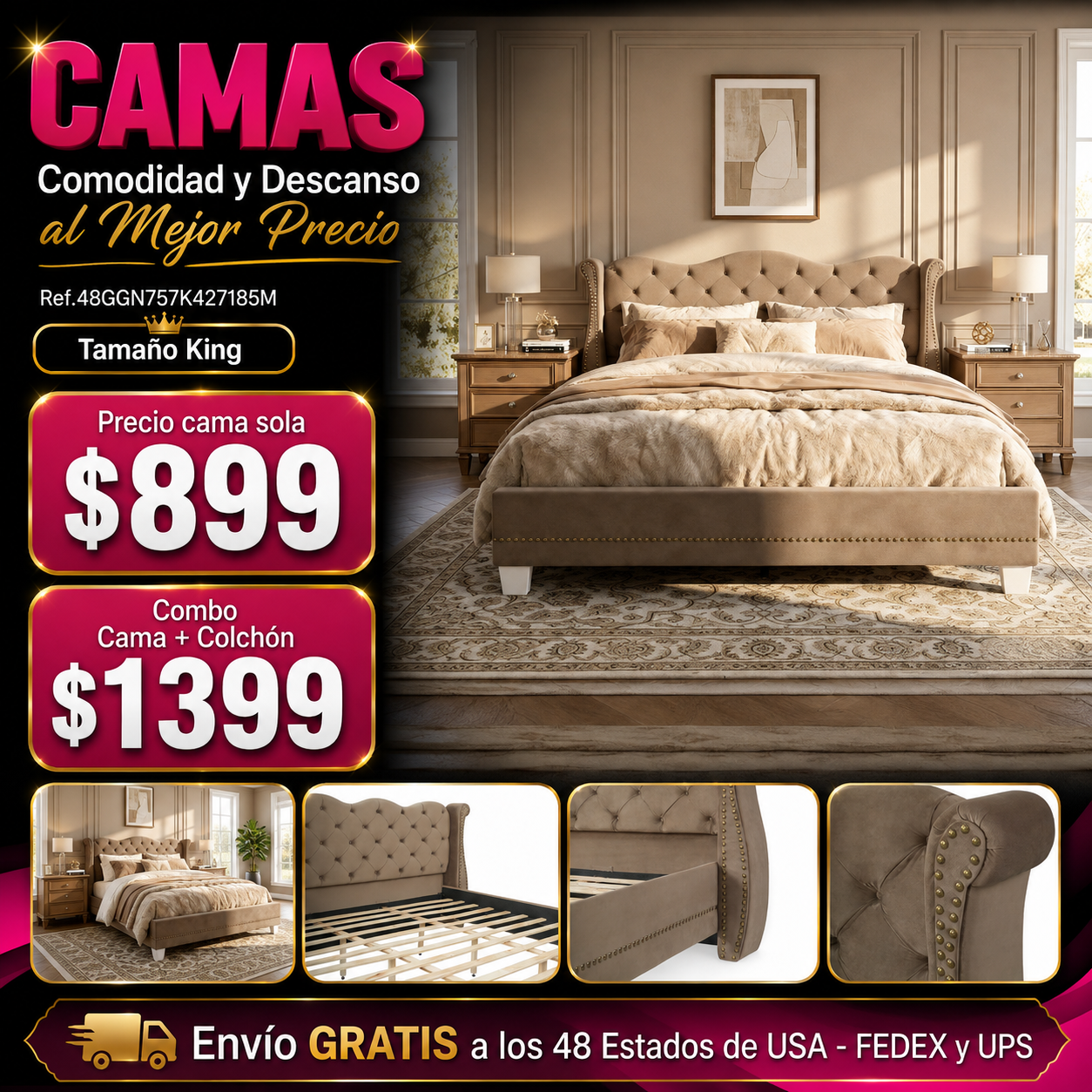 CAMA BROWN 008 KING SIZE SOLAMENTE - King Size Upholstered Bed Frame With Velvet Fabric &Thick Tufted Wingback Headboard
