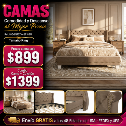 CAMA BROWN 008 KING SIZE SOLAMENTE - King Size Upholstered Bed Frame With Velvet Fabric &Thick Tufted Wingback Headboard