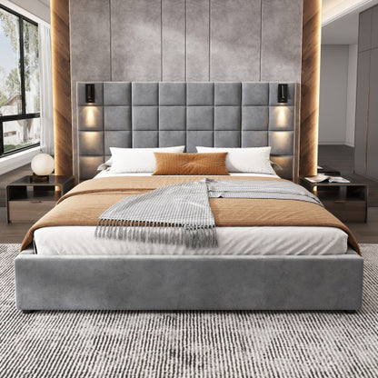 CAMA GRIS QUEEN/KING 005 - King Size Upholstered Bed Frame,With Wall Sconce And USB Port, Wide Headboard, Velvet, Gray