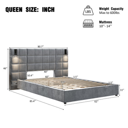 CAMA GRIS QUEEN/KING 005 - King Size Upholstered Bed Frame,With Wall Sconce And USB Port, Wide Headboard, Velvet, Gray