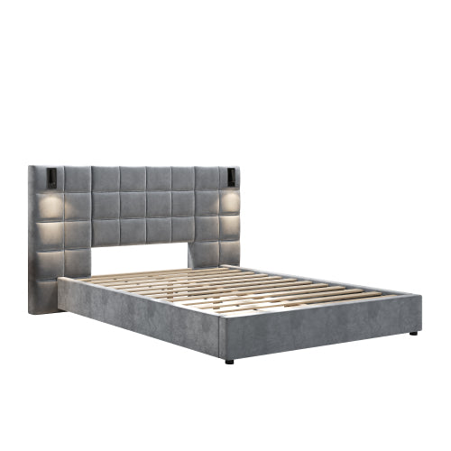 CAMA GRIS QUEEN/KING 005 - King Size Upholstered Bed Frame,With Wall Sconce And USB Port, Wide Headboard, Velvet, Gray