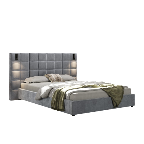 CAMA GRIS QUEEN/KING 005 - King Size Upholstered Bed Frame,With Wall Sconce And USB Port, Wide Headboard, Velvet, Gray