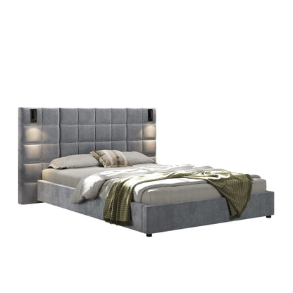 CAMA GRIS QUEEN/KING 005 - King Size Upholstered Bed Frame,With Wall Sconce And USB Port, Wide Headboard, Velvet, Gray