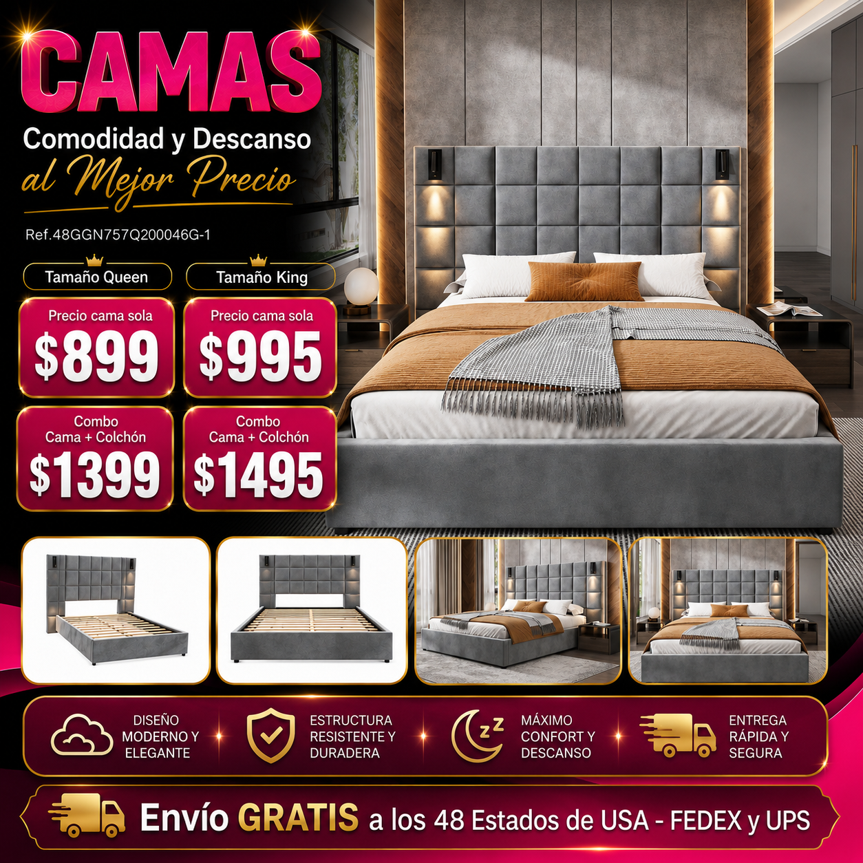 CAMA GRIS QUEEN/KING 005 - King Size Upholstered Bed Frame,With Wall Sconce And USB Port, Wide Headboard, Velvet, Gray