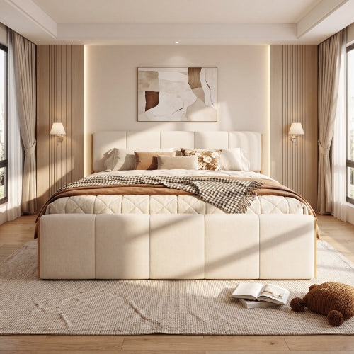 CAMA BLANCA 006 QUEEN/KING -  Upholstered Bed Frame, Natural Wood Trim with White Fabric, Pine Wood with MDF, 600 LBS Weight Capacity, Fits 8"-10" Mattress, No Box Spring Needed