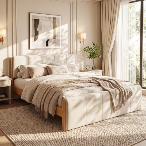 CAMA BLANCA 006 QUEEN/KING -  Upholstered Bed Frame, Natural Wood Trim with White Fabric, Pine Wood with MDF, 600 LBS Weight Capacity, Fits 8"-10" Mattress, No Box Spring Needed
