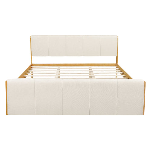 CAMA BLANCA 006 QUEEN/KING -  Upholstered Bed Frame, Natural Wood Trim with White Fabric, Pine Wood with MDF, 600 LBS Weight Capacity, Fits 8"-10" Mattress, No Box Spring Needed