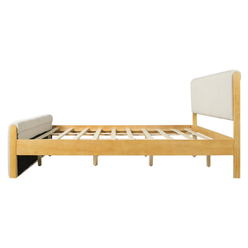 CAMA BLANCA 006 QUEEN/KING -  Upholstered Bed Frame, Natural Wood Trim with White Fabric, Pine Wood with MDF, 600 LBS Weight Capacity, Fits 8"-10" Mattress, No Box Spring Needed