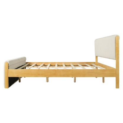 CAMA BLANCA 006 QUEEN/KING -  Upholstered Bed Frame, Natural Wood Trim with White Fabric, Pine Wood with MDF, 600 LBS Weight Capacity, Fits 8"-10" Mattress, No Box Spring Needed