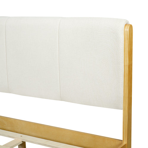 CAMA BLANCA 006 QUEEN/KING -  Upholstered Bed Frame, Natural Wood Trim with White Fabric, Pine Wood with MDF, 600 LBS Weight Capacity, Fits 8"-10" Mattress, No Box Spring Needed