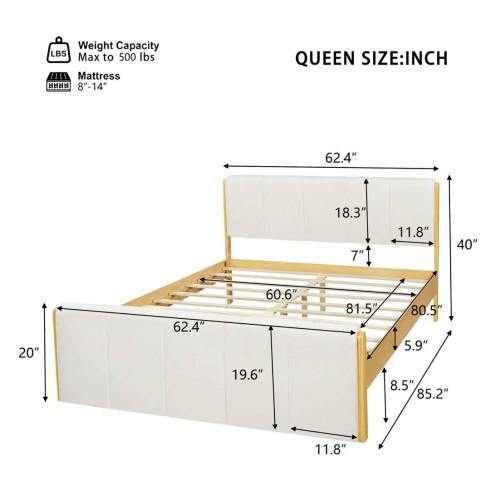 CAMA BLANCA 006 QUEEN/KING -  Upholstered Bed Frame, Natural Wood Trim with White Fabric, Pine Wood with MDF, 600 LBS Weight Capacity, Fits 8"-10" Mattress, No Box Spring Needed