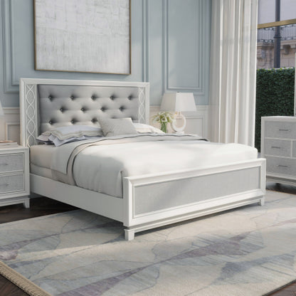CAMA GRIS 007 KING SIZE SOLAMENTE - Galaxy Upholstered Tufting Panel Bed with LED Lights in Pearlized White, King