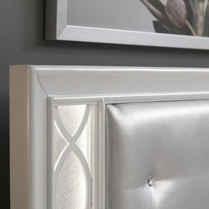 CAMA GRIS 007 KING SIZE SOLAMENTE - Galaxy Upholstered Tufting Panel Bed with LED Lights in Pearlized White, King