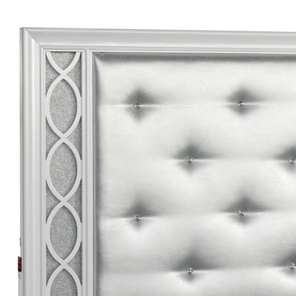 CAMA GRIS 007 KING SIZE SOLAMENTE - Galaxy Upholstered Tufting Panel Bed with LED Lights in Pearlized White, King