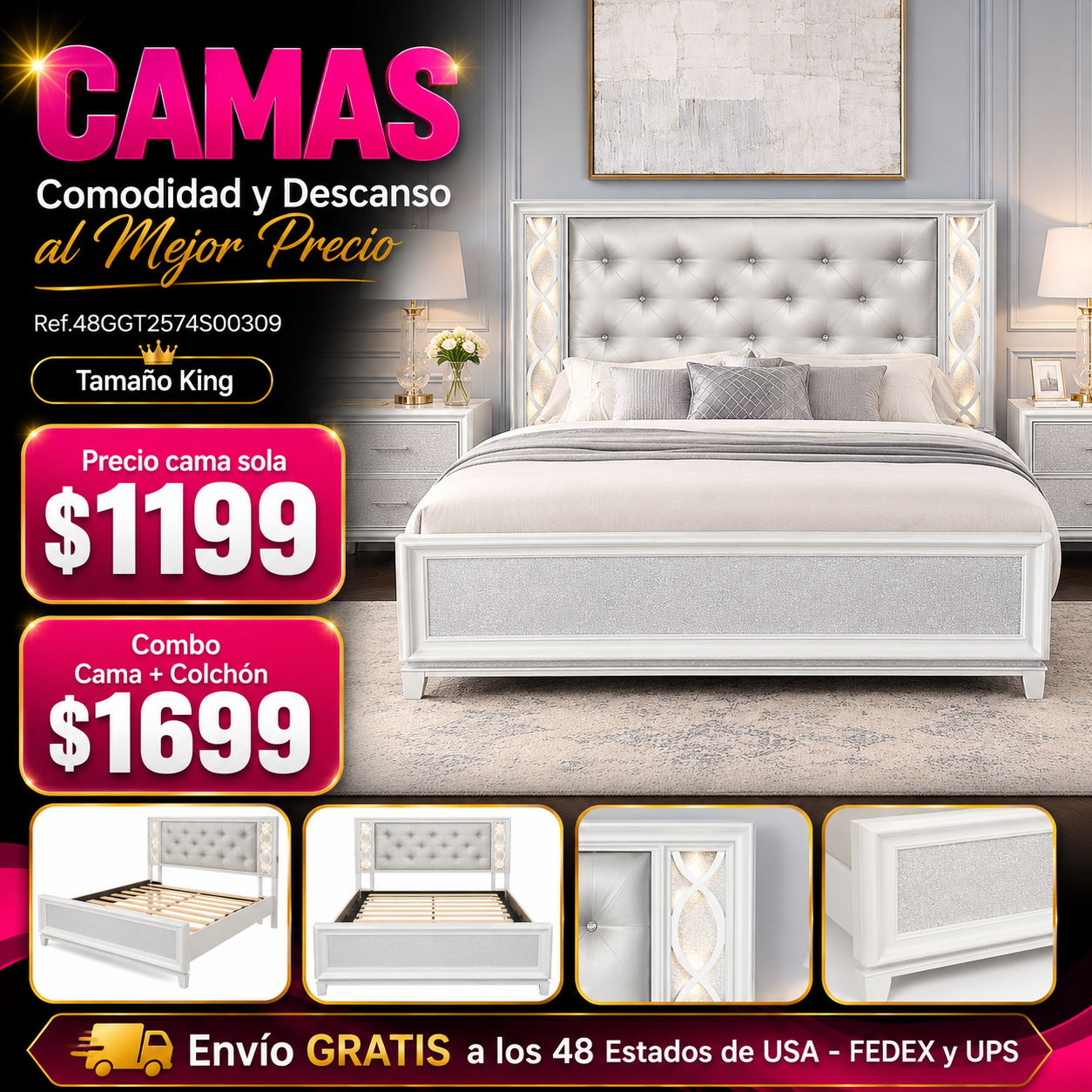 CAMA GRIS 007 KING SIZE SOLAMENTE - Galaxy Upholstered Tufting Panel Bed with LED Lights in Pearlized White, King