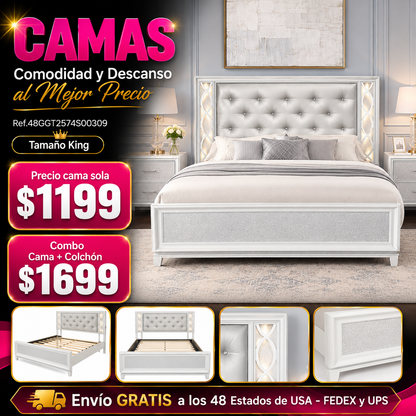 CAMA GRIS 007 KING SIZE SOLAMENTE - Galaxy Upholstered Tufting Panel Bed with LED Lights in Pearlized White, King