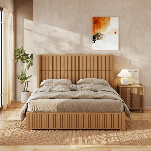 CAMA MADERA 011 QUEEN/KING - Solid Wood Platform Bed Frame with Headboard, No Box Spring Needed, Floor-standing bed, Easy Assembly, King Size, Natural