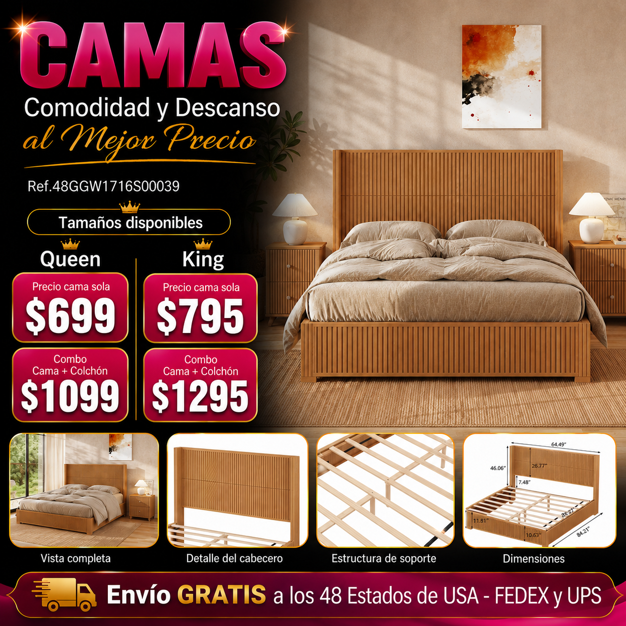 CAMA MADERA 011 QUEEN/KING - Solid Wood Platform Bed Frame with Headboard, No Box Spring Needed, Floor-standing bed, Easy Assembly, King Size, Natural