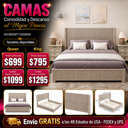 CAMA MADERA 012 QUEEN/KING - Solid Wood Platform Bed Frame with Headboard, No Box Spring Needed, Floor-standing bed, Easy Assembly, King Size,Beige