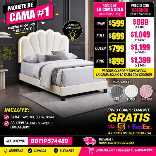 PAQUETE DE CAMA 01 - CAMA + COLCHON + MESITAS - Modern Glam LED Platform Bed with Shell Arch Adjustable Headboard