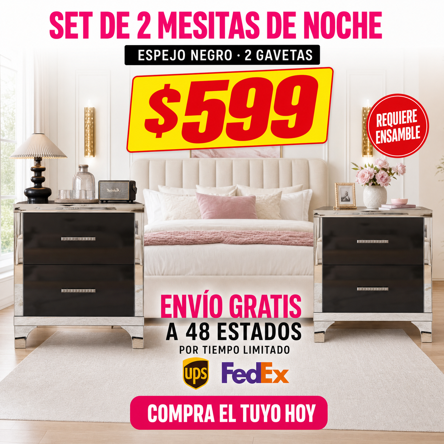 48-MESITAS DE NOCHE / NIGHTSTANDS #4 - ESPEJO NEGRO CON 2 GAVETAS - SET DE 2 - $599