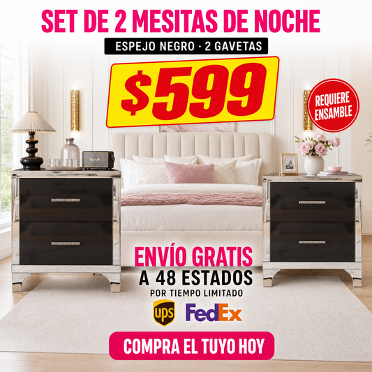 48-MESITAS DE NOCHE / NIGHTSTANDS #4 - ESPEJO NEGRO CON 2 GAVETAS - SET DE 2 - $599