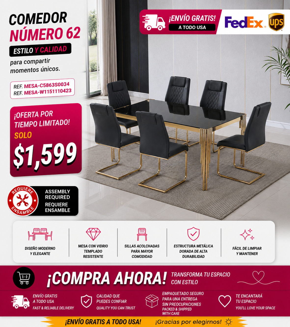 48-COMEDOR #62 PUESTOS NEGRO Y DORADO