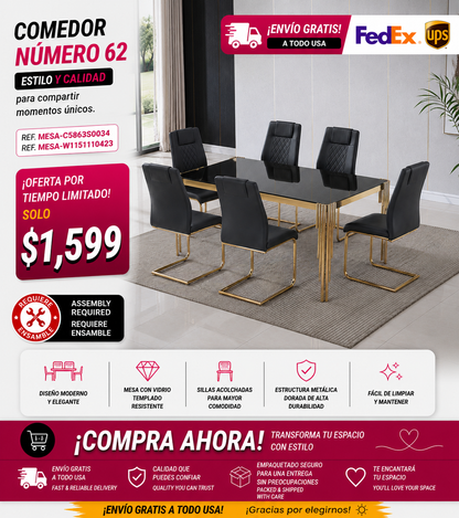 48-COMEDOR #62 PUESTOS NEGRO Y DORADO
