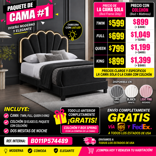 48 CAMA + COLCHON - Modern Glam  LED Platform Bed with Shell Arch Adjustable Headboard, Black