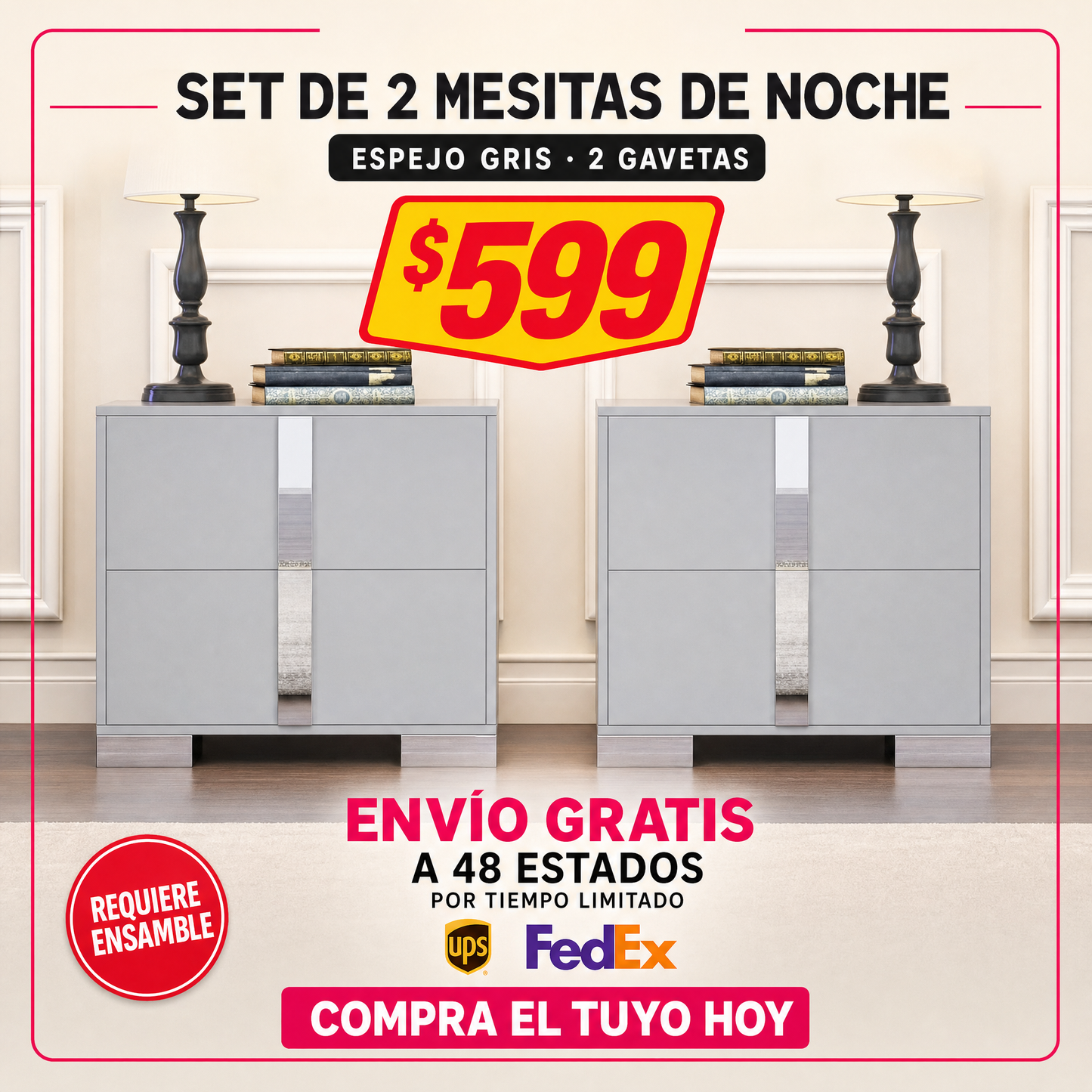 48-MESITAS DE NOCHE / NIGHTSTANDS #3 - ESPEJO GRIS CON 2 GAVETAS - SET DE 2 - $599