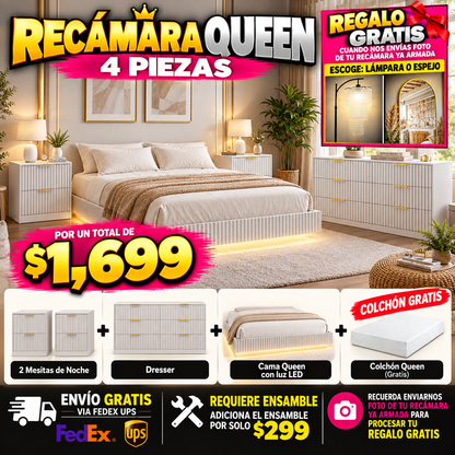 48 - Recamara Queen WIGA-01WH  Fluted Queen Floating LED Bed Frame with 2 Nightstands and Fluted 9 Drawer Dressers