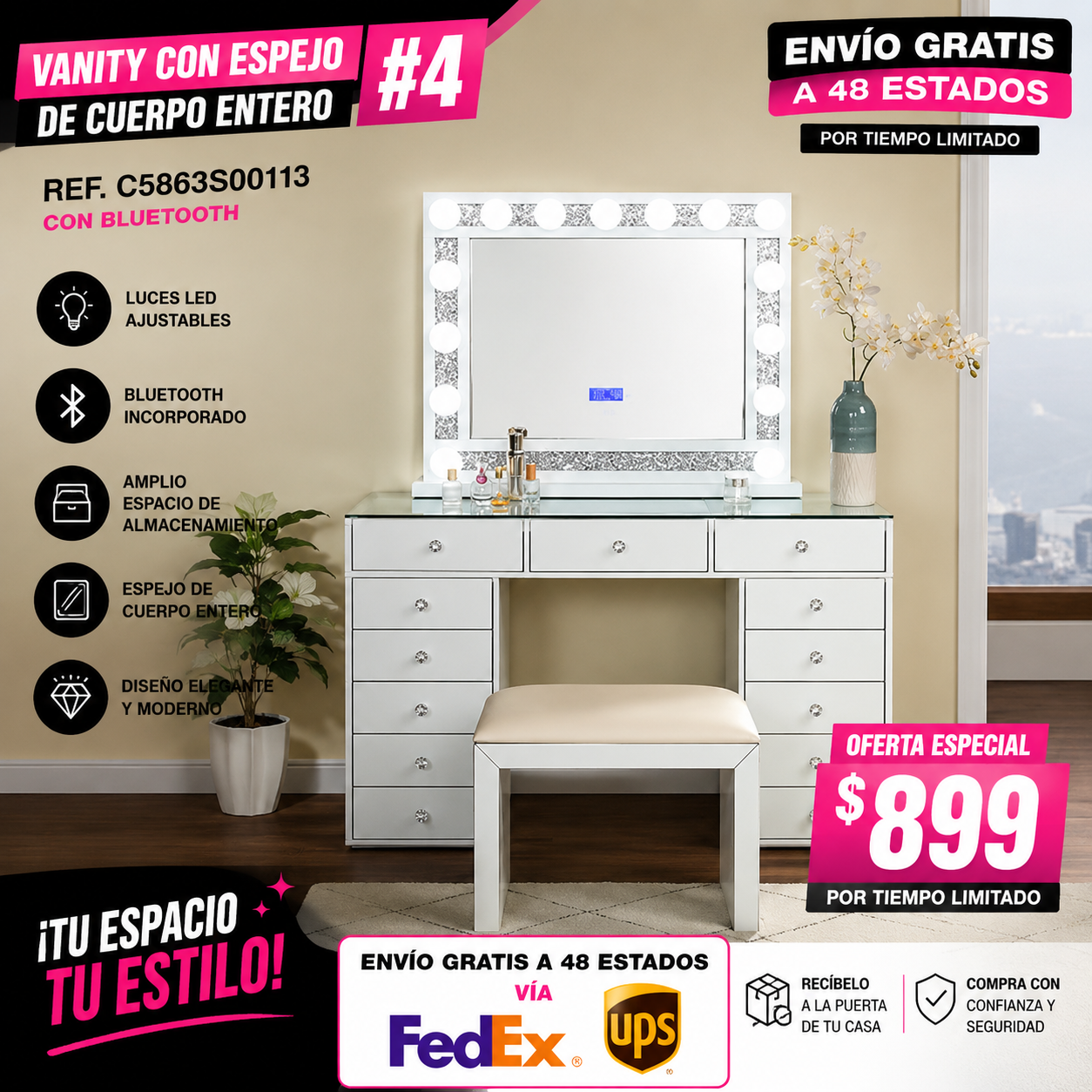 48-VANITY #11 - Vanity Blanco LED de 51 in con Bluetooth, Reloj, Temperatura y Stool