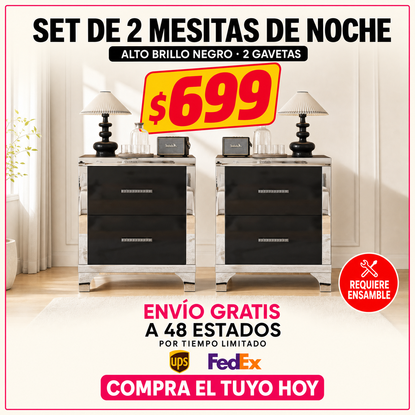 48-MESITAS DE NOCHE / NIGHTSTANDS #5 - ALTO BRILLO NEGRO CON 2 GAVETAS - SET DE 2 - $699