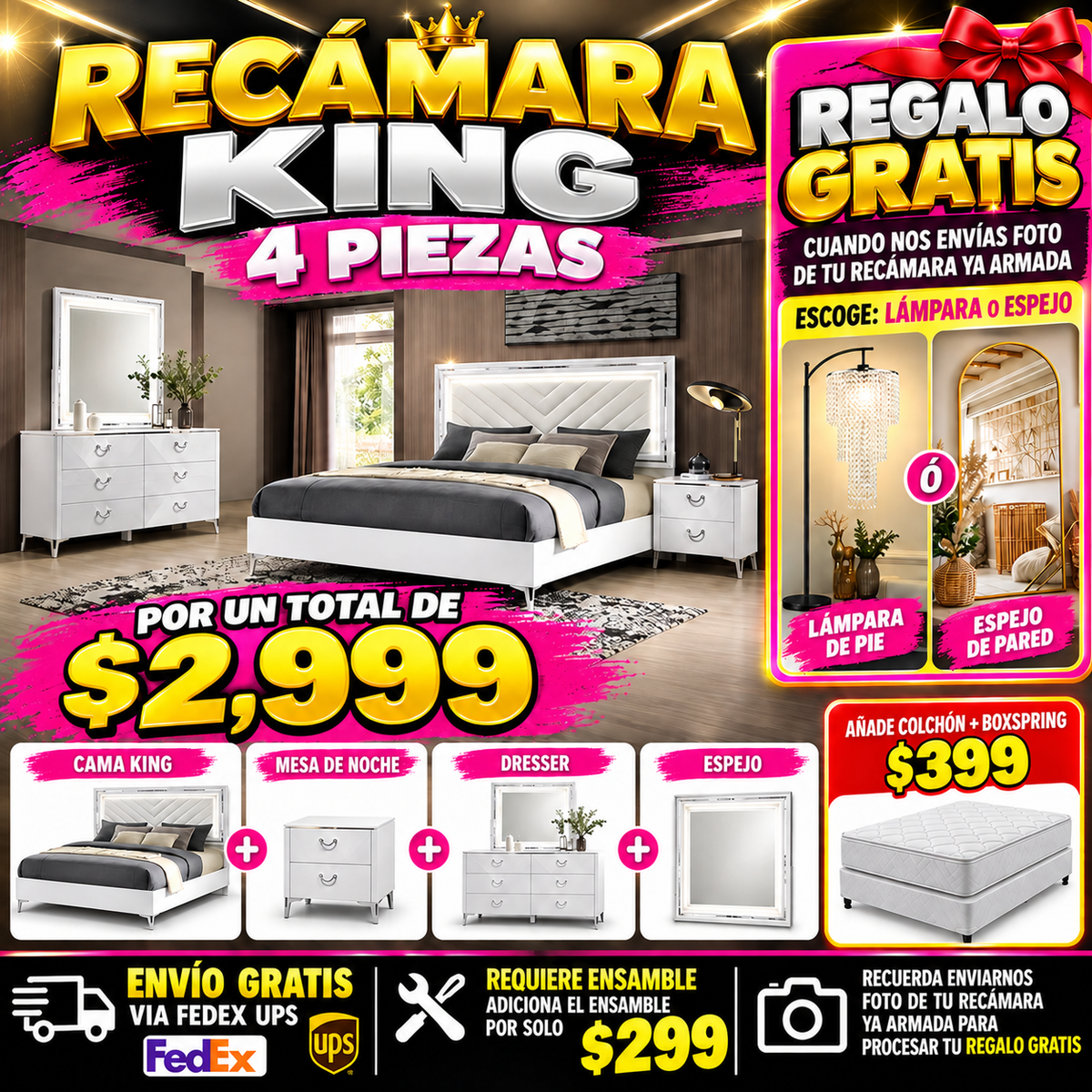 48 - Recamara King WIGA-05WH Cassia 4-piece King LED Bedroom Set White High Gloss