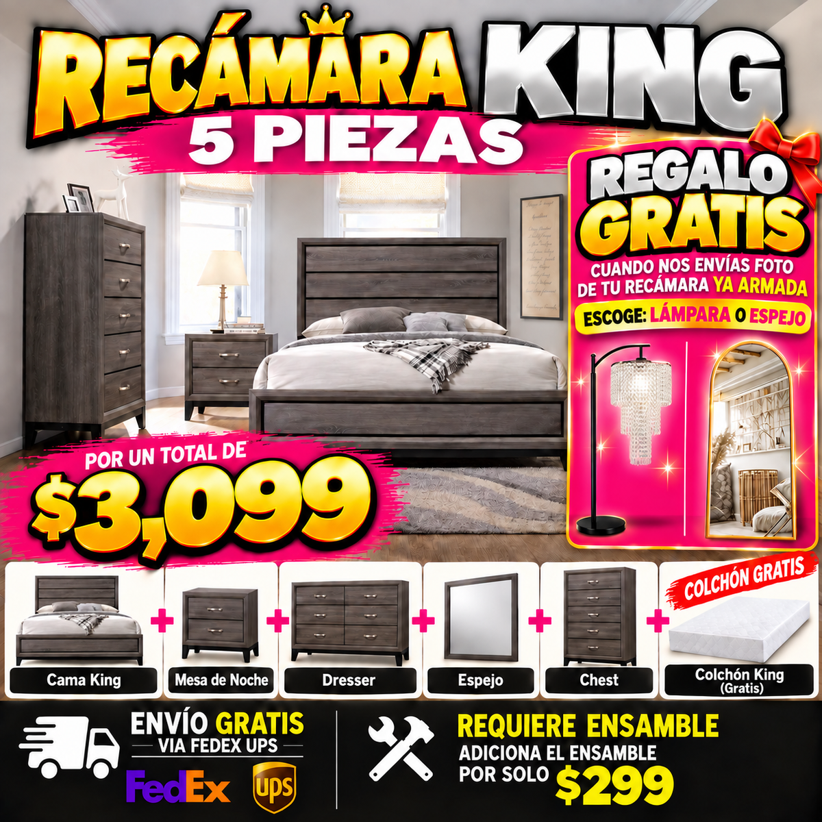 48 - Recamara King WIGA-04GY Juego de dormitorio de 5 piezas