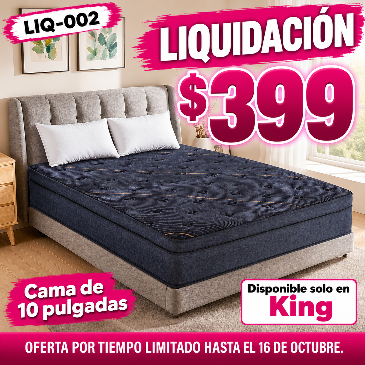 48-LIQ-002 Colchón King 10" en liquidación — oferta por tiempo limitado hasta el 16 de octubre, a $399