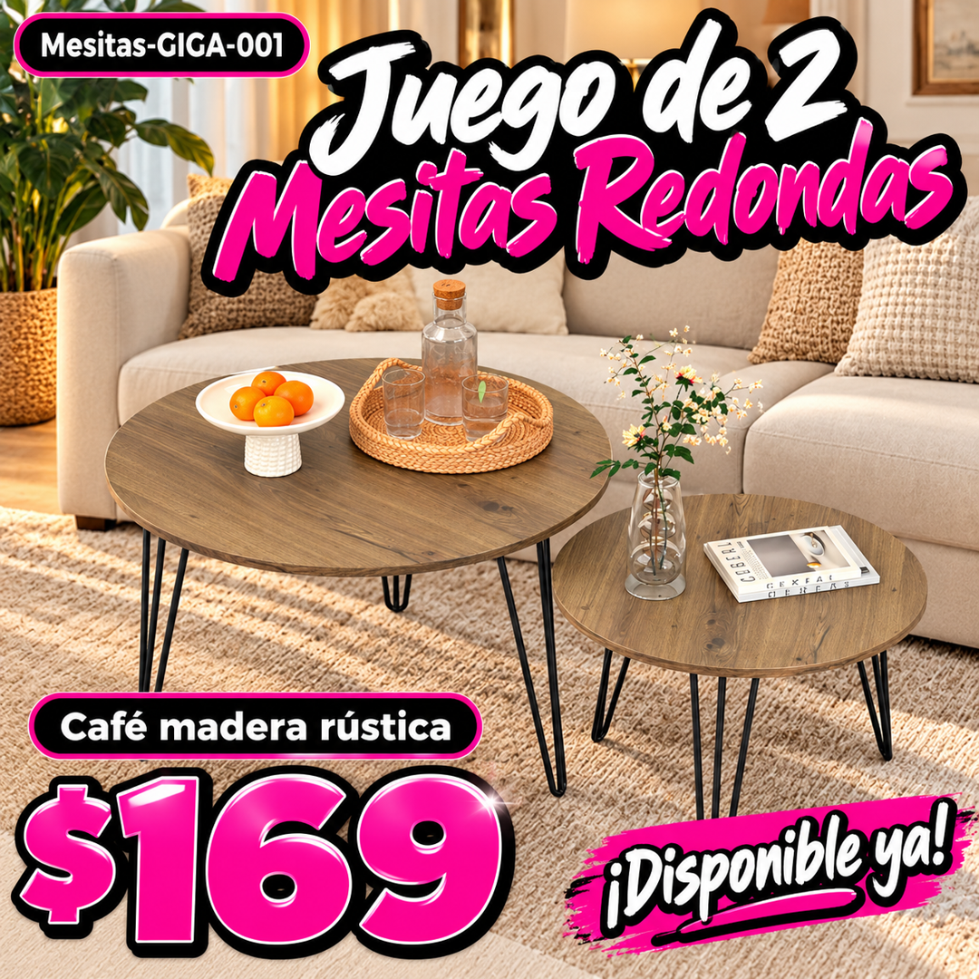 Juego de 2 Mesitas Redondas Café madera rústica