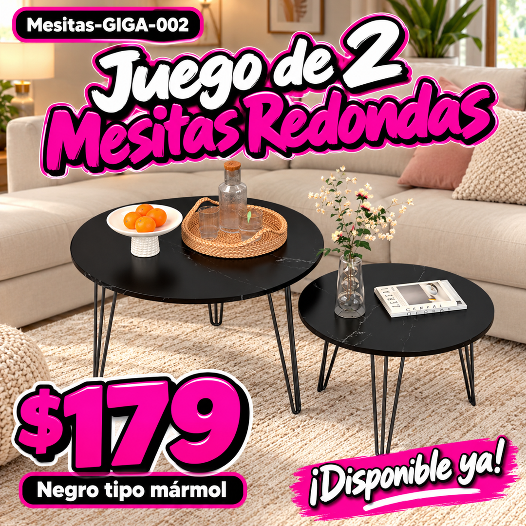 Juego de 2 Mesitas Redondas Negro tipo mármol